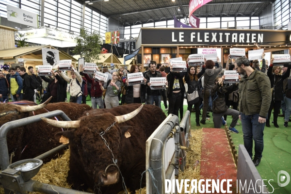 Activistes Vegans au Salon de l Agriculture 2019, devant le stand INTERBEV/FLEXITARIEN. Animals rights