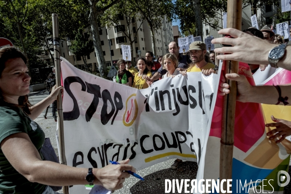 Manifestation et procès des Décrocheurs du portrait d Emmanuel Macron.