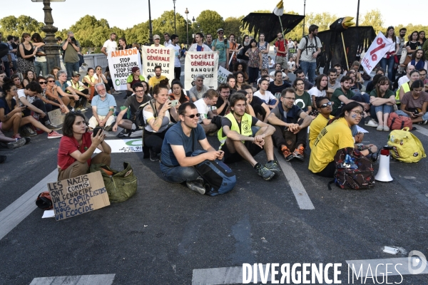 Action blocage du pont de Tolbiac en marge de la Marche pour le climat 2019, à Paris. Walk for the climate.