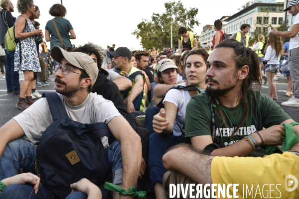 Action blocage du pont de Tolbiac en marge de la Marche pour le climat 2019, à Paris. Walk for the climate.