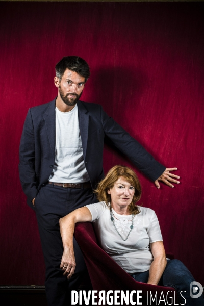 Portraits croises du directeur du theatre de la porte saint martin, jean robert-charrier et de la comedienne murielle mayette-holtz.