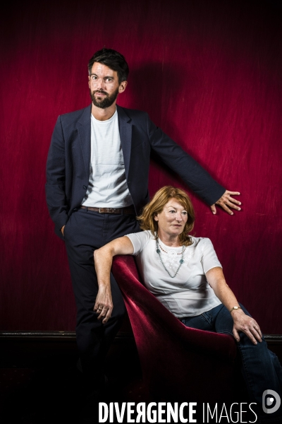 Portraits croises du directeur du theatre de la porte saint martin, jean robert-charrier et de la comedienne murielle mayette-holtz.