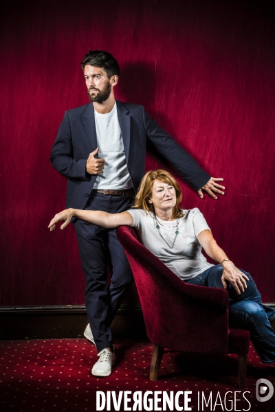 Portraits croises du directeur du theatre de la porte saint martin, jean robert-charrier et de la comedienne murielle mayette-holtz.