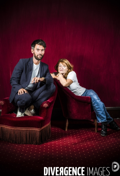 Portraits croises du directeur du theatre de la porte saint martin, jean robert-charrier et de la comedienne murielle mayette-holtz.