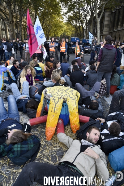 Action blocage du centre de Paris par des militants écologistes d Extinction Rebellion, Place du Chatelet, Pont au Change. Action blocking the center of Paris by ecologist activists of Extinction Rebellion, Place du Chatelet, Pont au Change.