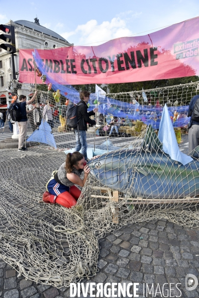 Action blocage du centre de Paris par des militants écologistes d Extinction Rebellion, Place du Chatelet, Pont au Change. Action blocking the center of Paris by ecologist activists of Extinction Rebellion, Place du Chatelet, Pont au Change.