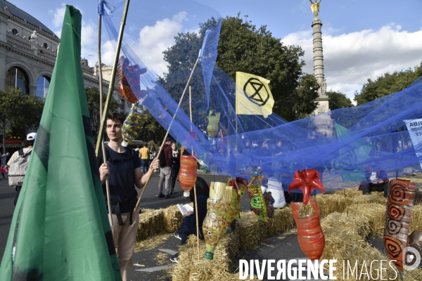 Action blocage du centre de Paris par des militants écologistes d Extinction Rebellion, Place du Chatelet, Pont au Change. Action blocking the center of Paris by ecologist activists of Extinction Rebellion, Place du Chatelet, Pont au Change.