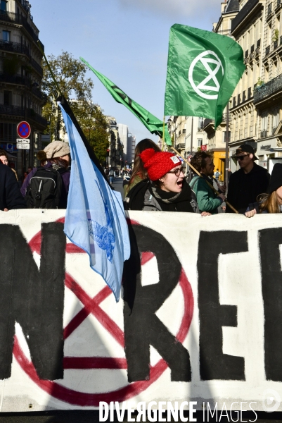 Action blocage du centre de Paris par des militants écologistes d Extinction Rebellion, rue de Rivoli. Action blocking the center of Paris by ecologist activists of Extinction Rebellion, Rivoli street.