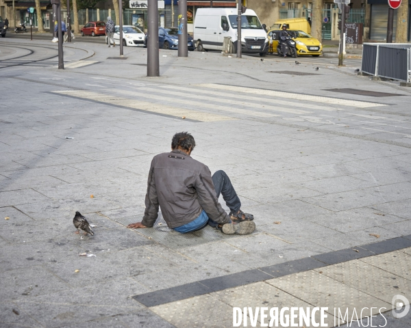 Homme assis au sol et un pigeon