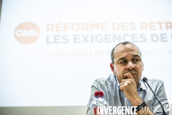Conference de presse du secretaire general de la cfdt a propos du projet de reforme des retraites.