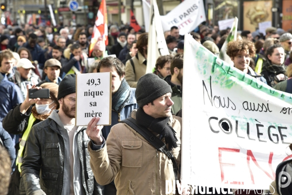 Manifestation contre le 49.3 de la réforme des retraites du 3 Mars 2020, à Paris. Demonstration against pension reform and 49.3.