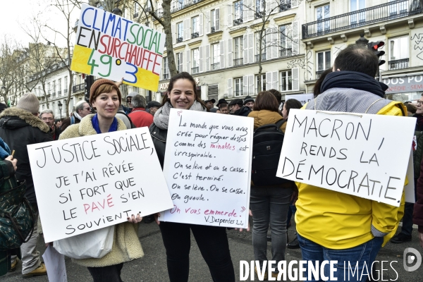 Manifestation contre le 49.3 de la réforme des retraites du 3 Mars 2020, à Paris. Demonstration against pension reform and 49.3.