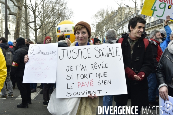 Manifestation contre le 49.3 de la réforme des retraites du 3 Mars 2020, à Paris. Demonstration against pension reform and 49.3.