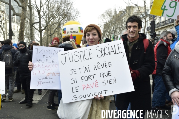 Manifestation contre le 49.3 de la réforme des retraites du 3 Mars 2020, à Paris. Demonstration against pension reform and 49.3.