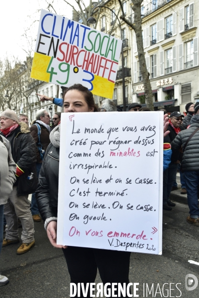 Manifestation contre le 49.3 de la réforme des retraites du 3 Mars 2020, à Paris. Demonstration against pension reform and 49.3.