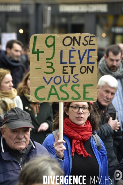 Manifestation contre le 49.3 de la réforme des retraites du 3 Mars 2020, à Paris. Demonstration against pension reform and 49.3.