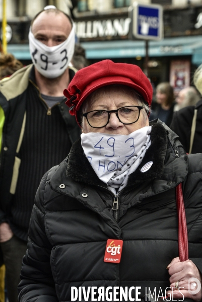 Manifestation contre le 49.3 de la réforme des retraites du 3 Mars 2020, à Paris. Demonstration against pension reform and 49.3.