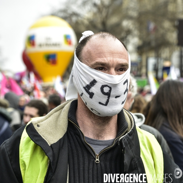 Manifestation contre le 49.3 de la réforme des retraites du 3 Mars 2020, à Paris. Demonstration against pension reform and 49.3.