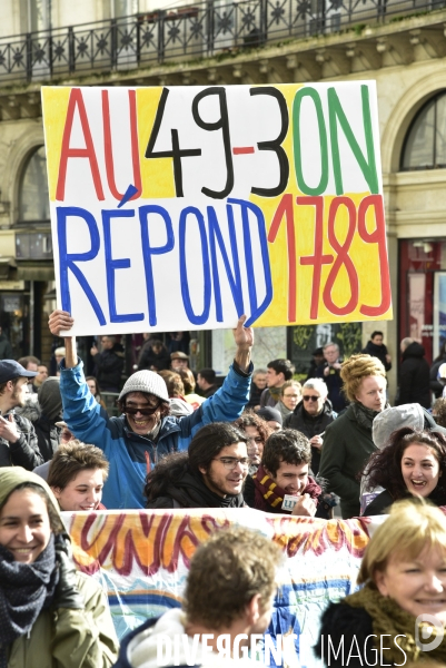 Manifestation contre le 49.3 de la réforme des retraites du 3 Mars 2020, à Paris. Demonstration against pension reform and 49.3.