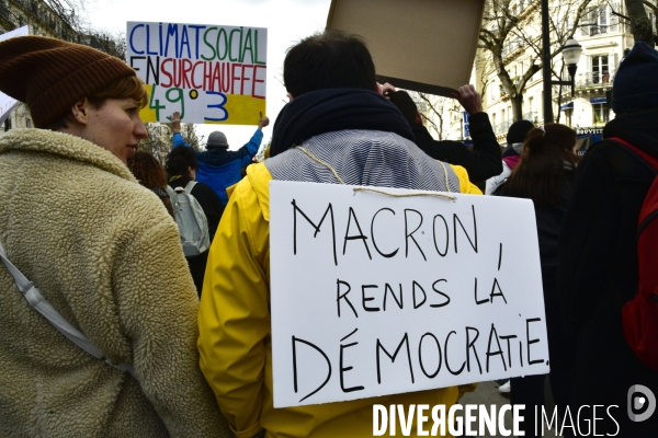 Manifestation contre le 49.3 de la réforme des retraites du 3 Mars 2020, à Paris. Demonstration against pension reform and 49.3.