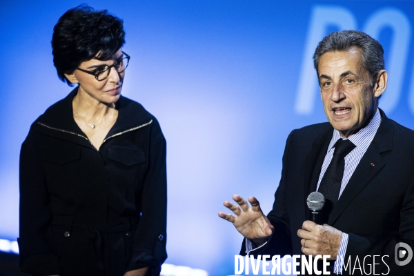 Rachida Dati en meeting salle Gaveau avec Nicolas Sarkozy.