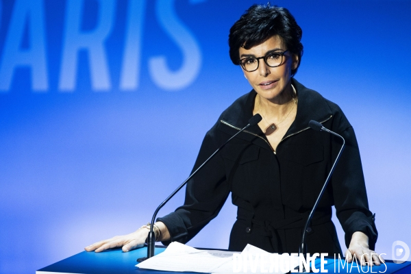 Rachida Dati en meeting salle Gaveau avec Nicolas Sarkozy.