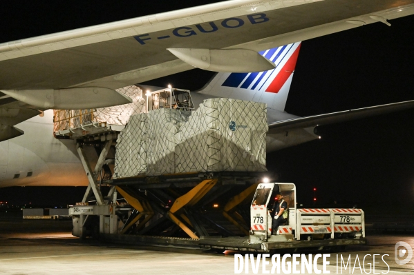Masque chirurgicaux. Arrivée à Roissy par un Boeing 777 d Air-France cargo. Confinement 42ème jour.