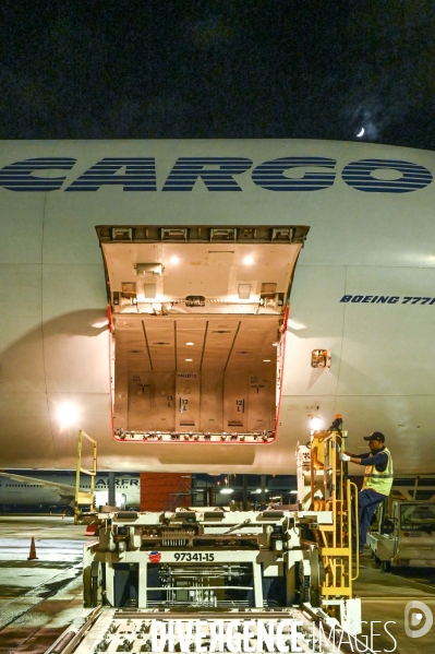 Masque chirurgicaux. Arrivée à Roissy par un Boeing 777 d Air-France cargo. Confinement 42ème jour.