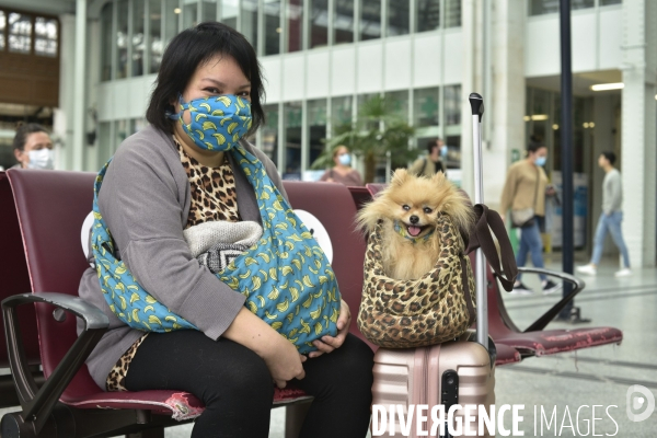 Covid-19. Voyageurs en attente d un train. travelers waiting at a railway station. The Covid-19 Coronavirus pandemic.