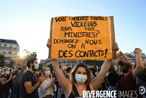 Rassemblement féministes contre le dernier remaniement ministériel avec l arrivée au gouvernement de Gérard Darmanin et Eric Dupont-Moretti. Feminists  protest against the latest cabinet reshuffle with the arrival in government of Gérar