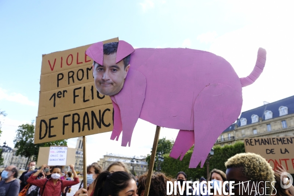 Manifestation Féministe contre la nomination au gouvernement de Gérald Darmanin et Éric Dupond-Moretti Paris. Feminist Protest against the appointment to government of Gerald Darmanin and Eric Dupond-Moretti.