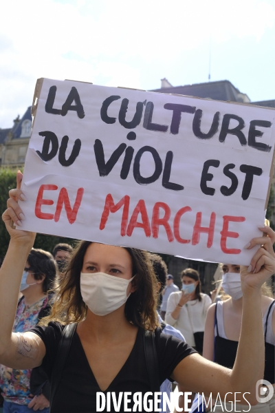 Manifestation Féministe contre la nomination au gouvernement de Gérald Darmanin et Éric Dupond-Moretti Paris. Feminist Protest against the appointment to government of Gerald Darmanin and Eric Dupond-Moretti.