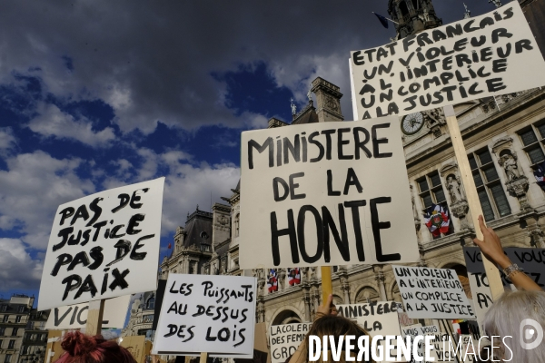 Manifestation Féministe contre la nomination au gouvernement de Gérald Darmanin et Éric Dupond-Moretti Paris. Feminist Protest against the appointment to government of Gerald Darmanin and Eric Dupond-Moretti.