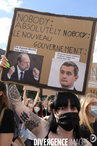 Manifestation Féministe contre la nomination au gouvernement de Gérald Darmanin et ¢ric Dupond-Moretti Paris. Feminist Protest against the appointment to government of Gerald Darmanin and Eric Dupond-Moretti.