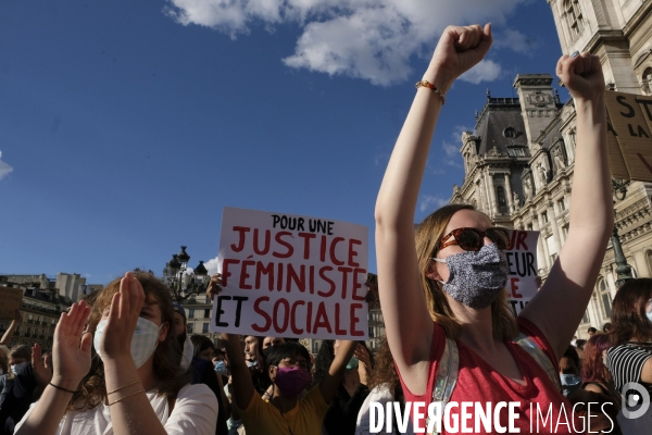 Manifestation Féministe contre la nomination au gouvernement de Gérald Darmanin et Éric Dupond-Moretti Paris. Feminist Protest against the appointment to government of Gerald Darmanin and Eric Dupond-Moretti.