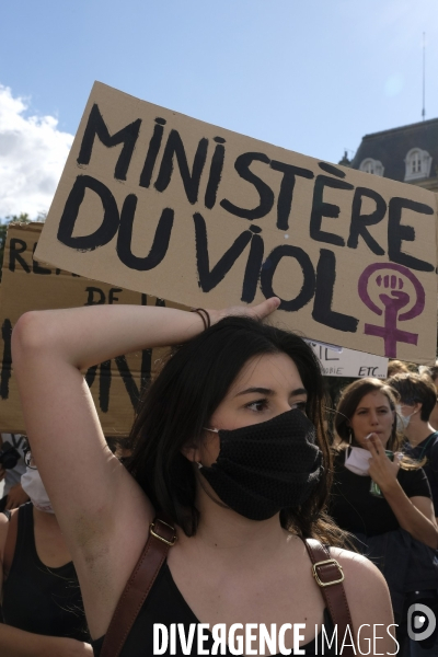 Manifestation Féministe contre la nomination au gouvernement de Gérald Darmanin et Éric Dupond-Moretti Paris. Feminist Protest against the appointment to government of Gerald Darmanin and Eric Dupond-Moretti.