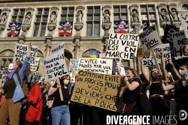 Manifestation Féministe contre la nomination au gouvernement de Gérald Darmanin et Éric Dupond-Moretti Paris. Feminist Protest against the appointment to government of Gerald Darmanin and Eric Dupond-Moretti.