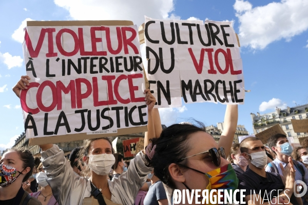 Manifestation Féministe contre la nomination au gouvernement de Gérald Darmanin et Éric Dupond-Moretti Paris. Feminist Protest against the appointment to government of Gerald Darmanin and Eric Dupond-Moretti.