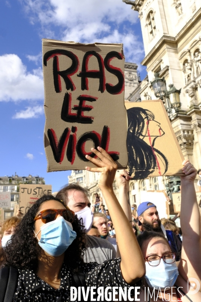 Manifestation Féministe contre la nomination au gouvernement de Gérald Darmanin et Éric Dupond-Moretti Paris. Feminist Protest against the appointment to government of Gerald Darmanin and Eric Dupond-Moretti.