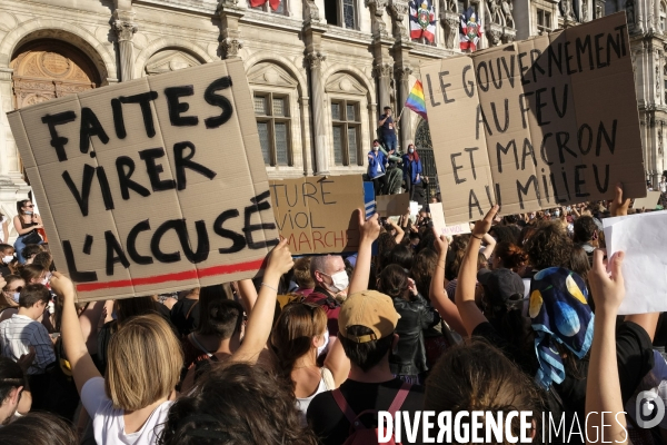 Manifestation Féministe contre la nomination au gouvernement de Gérald Darmanin et Éric Dupond-Moretti Paris. Feminist Protest against the appointment to government of Gerald Darmanin and Eric Dupond-Moretti.