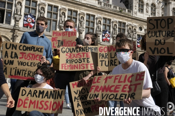 Manifestation Féministe contre la nomination au gouvernement de Gérald Darmanin et Éric Dupond-Moretti Paris. Feminist Protest against the appointment to government of Gerald Darmanin and Eric Dupond-Moretti.