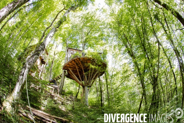 La cabane dans les arbres de Xavier Marmier et de sa compagne Line dans le Doubs.