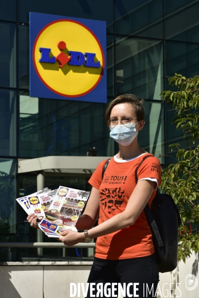 Cause animale : Action nationale L214 devant le siège de LIDL à Rungis pour dénoncer les conditions d elevage des poulets de chair. Animals rights, chickens.