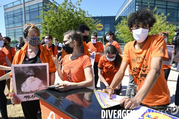 Cause animale : Action nationale L214 devant le siège de LIDL à Rungis pour dénoncer les conditions d elevage des poulets de chair. Animals rights, chickens.