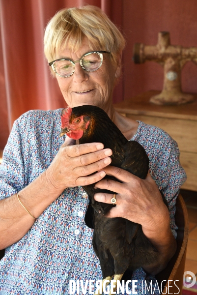 Gens et animaux : Une femmes et ses poules. People with animals : woman and hens.