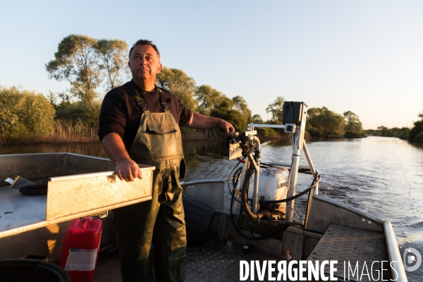 Pêcheur professionnel dans les marais de Mazerolles