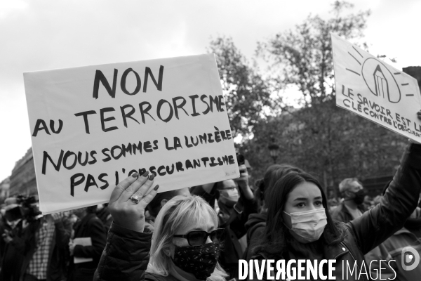 Rassemblement en hommage à Samuel Paty, Place de la République. Demonstration against terrorism,  Samuel Paty assassinated.