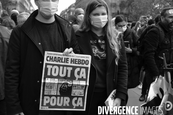 Rassemblement en hommage à Samuel Paty, Place de la République. Demonstration against terrorism,  Samuel Paty assassinated.