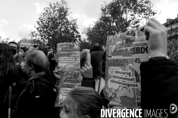 Rassemblement en hommage à Samuel Paty, Place de la République. Demonstration against terrorism,  Samuel Paty assassinated.