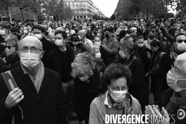 School teacher Samuel Paty during an anti-terrorism vigil at Place de La Republique